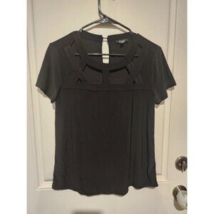 AUW Black Cut Out Blouse Geometric Short Sleeve Small Women's Top